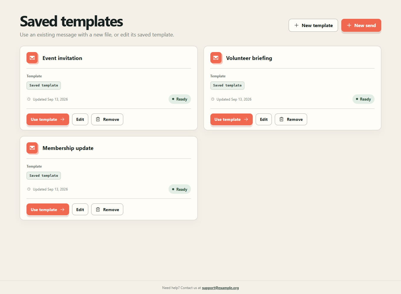 Current reusable flow library with example Event invitation, Volunteer briefing, and Membership update templates