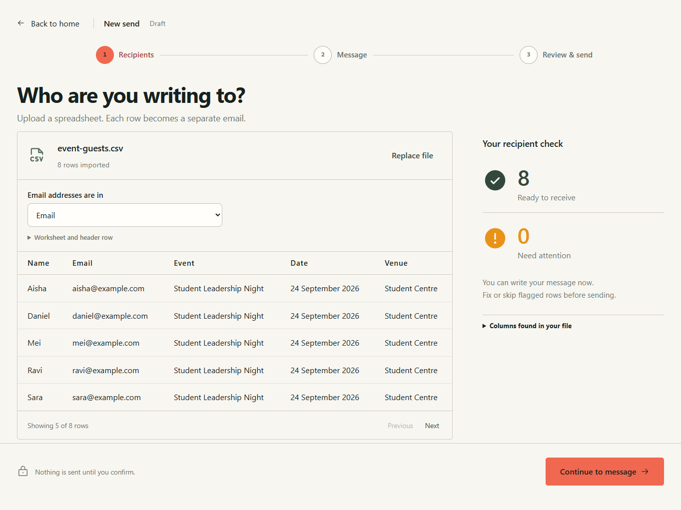 The current Recipients step with eight example recipients, spreadsheet controls, and an email column check