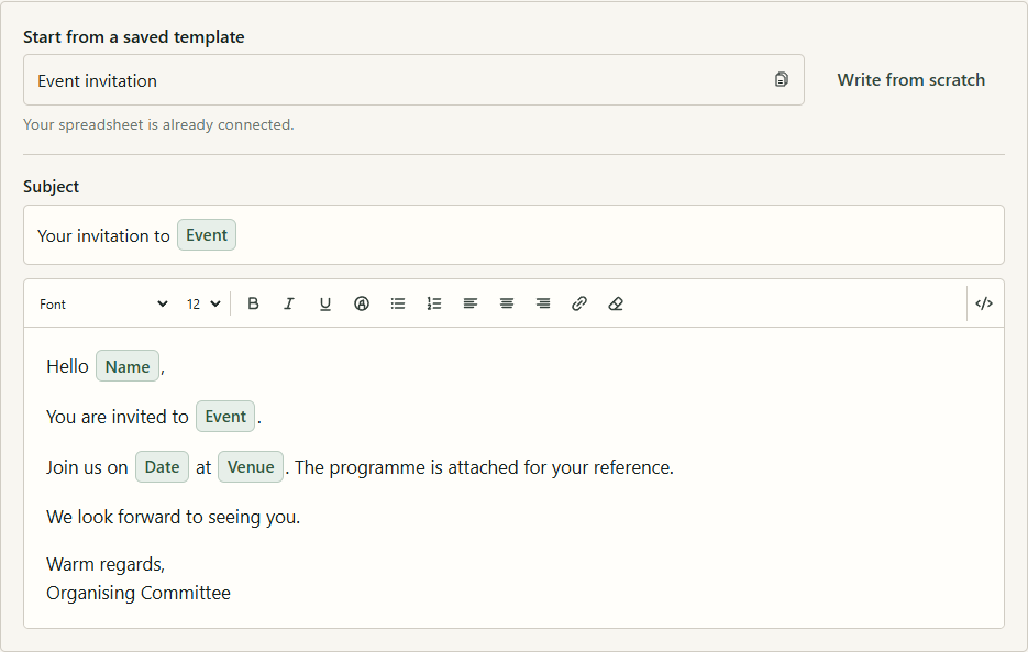 Current message editor with readable green Name, Event, Date, and Venue tokens